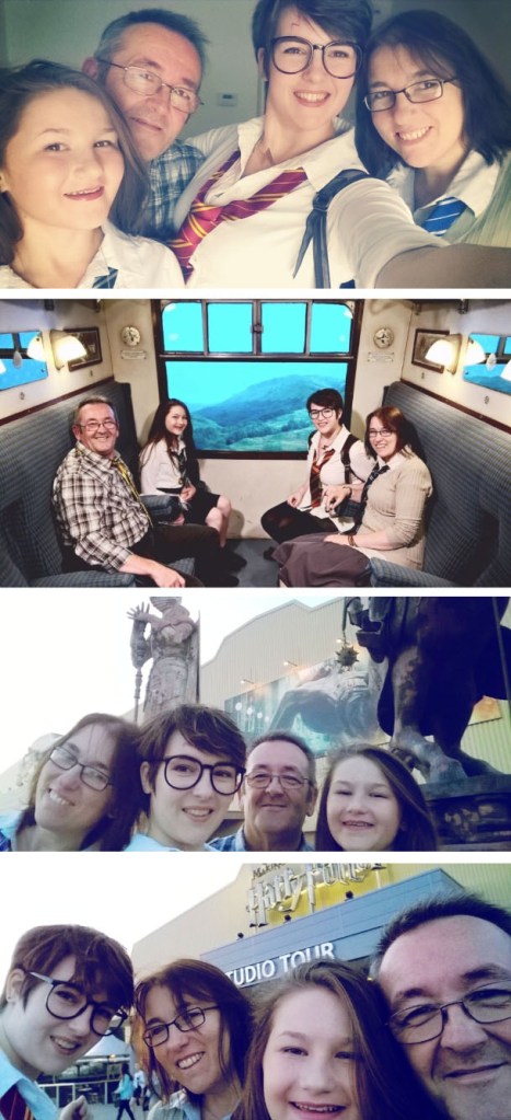 Excited with House Ties: Slytherin, Hufflepuff, Gryffindor and Ravenclaw. On the Hogwarts Express and afterwards at the exit, happy! © Lisa Shambrook