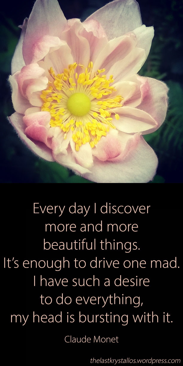 Every day I discover more and more beautiful things It’s enough to drive one mad I have such a desire to do everything my head is bursting with it Claude Monet, quote, the last krystallos,