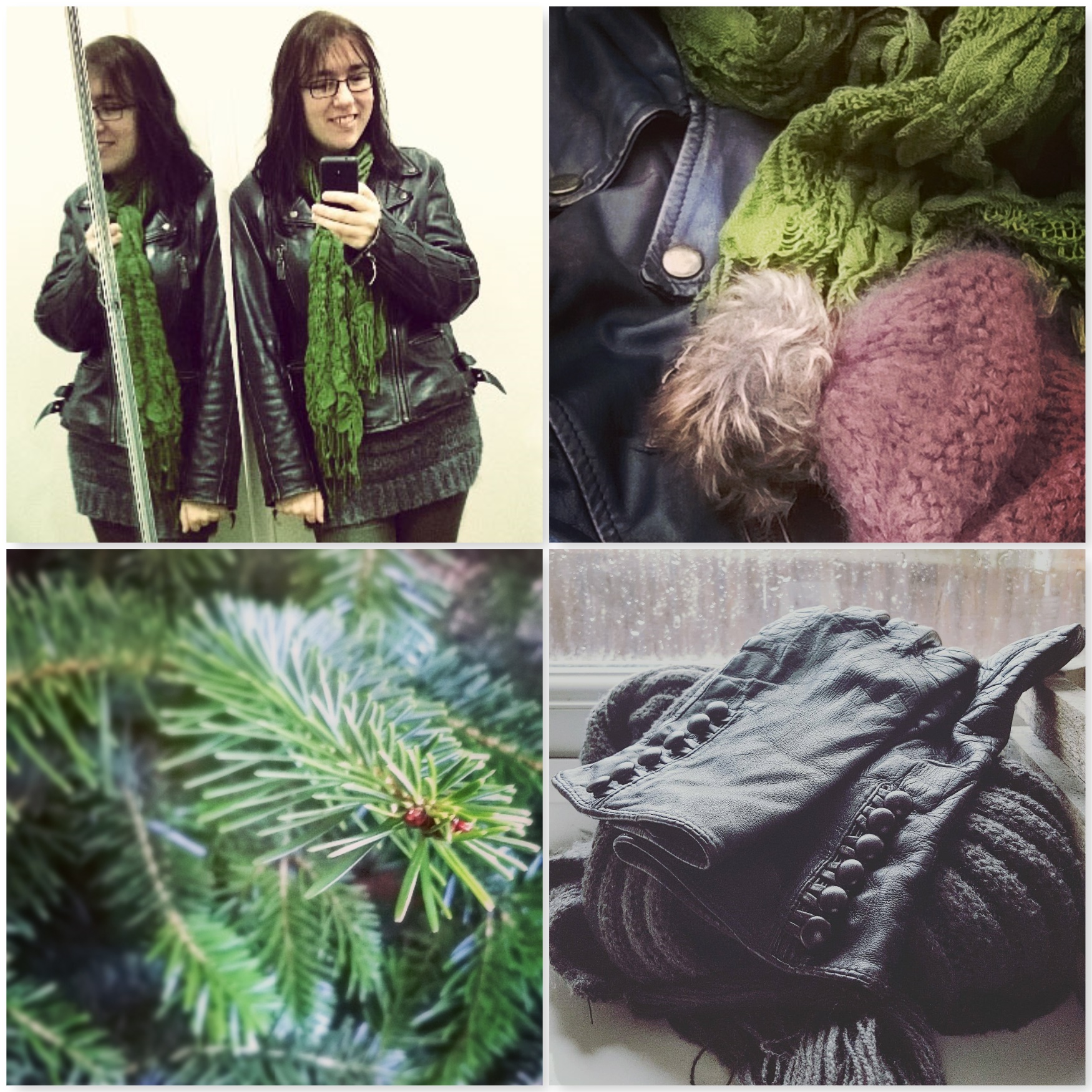 Mirror Selfie - Hat Scarf - Pine - Leather Button Gloves