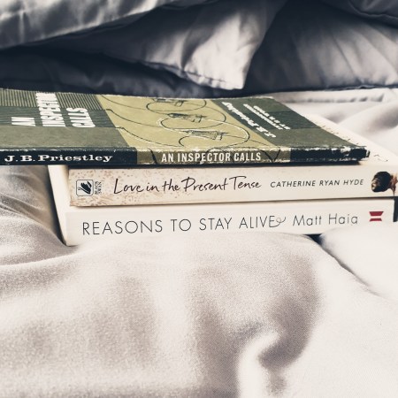 Bookspine poetry - An Inspector Calls - Love in the Present Tense - Reasons to Stay Alive - The Last Krystallos