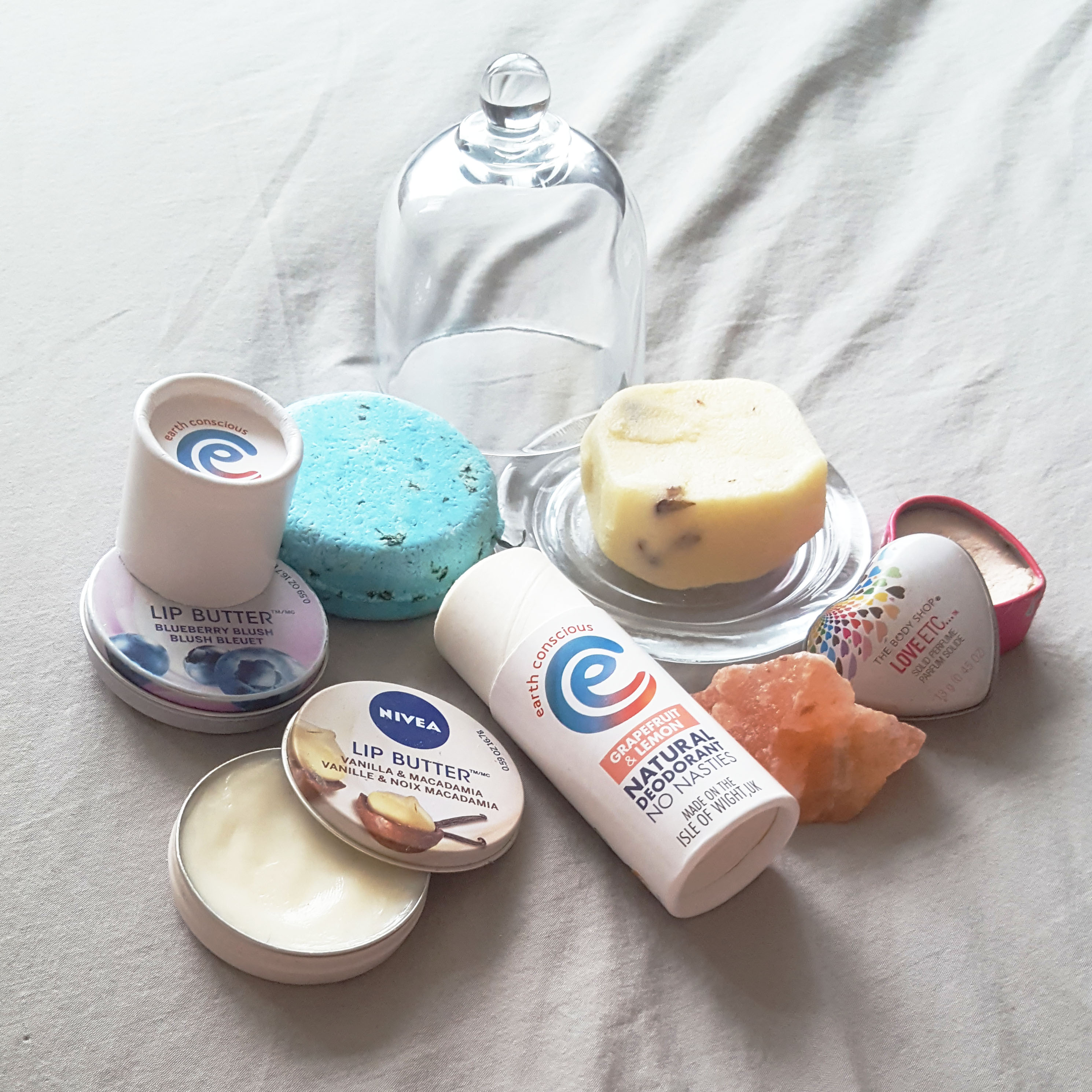 Lush Seanick Shampoo Bar, Naked Sister Moisturising Bar, Nivea Lip Salve, The Body Shop Solid Perfume, Earth Conscious Natural Deodorant - The Last Krystallos