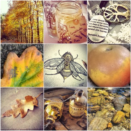 brass photos - yellow leaves, fairy lights, brass necklace, yellow leaf, steampunk bumblebee, russet apple, oak leaf, fairy lights in bottle, river bed in sunlight, for The Last Krystallos blog