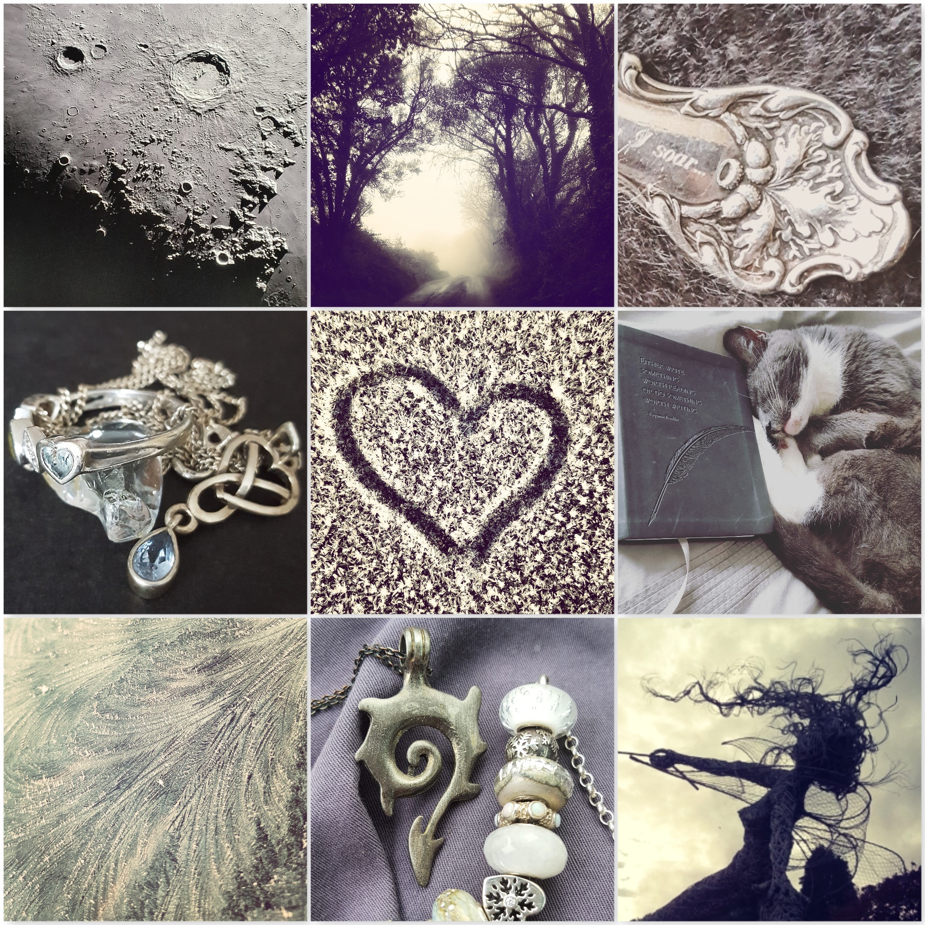 Silver photos: the moon, fog, silver spoon, silver topaz jewellery, frost heart, grey cat, frost, dragon tail necklace, silver fairy, for the last krystallos blog