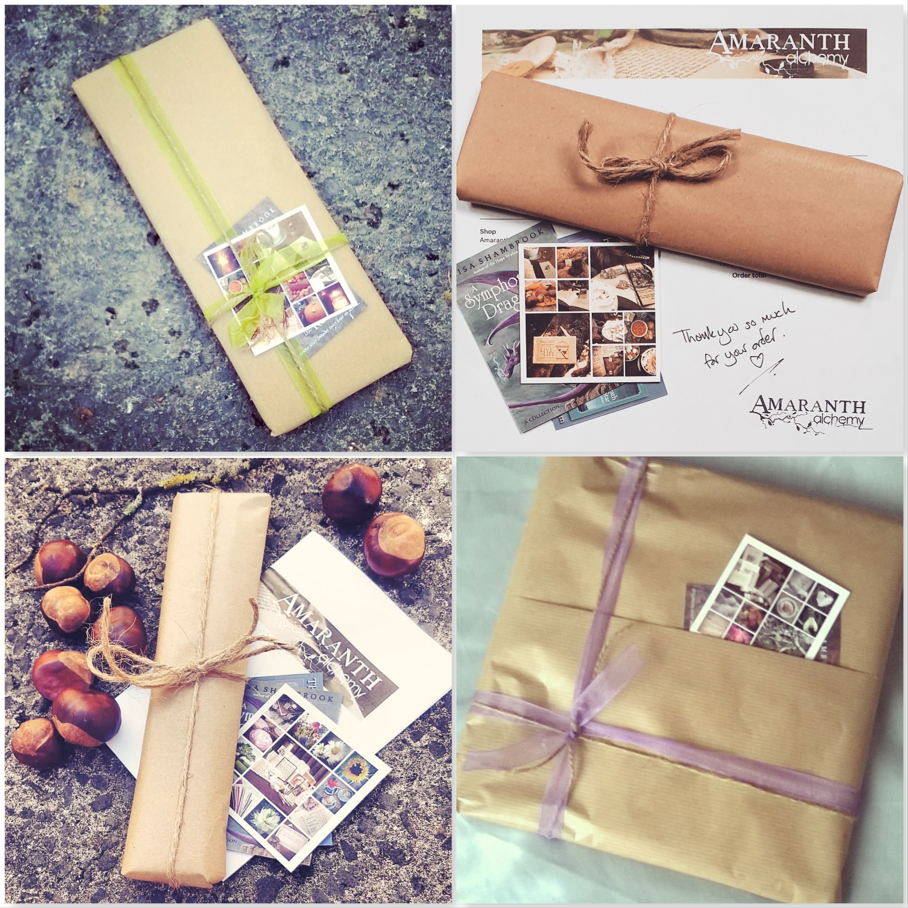 Photos of parcels in brown paper and recycled packaging from Amaranth Alchemy
